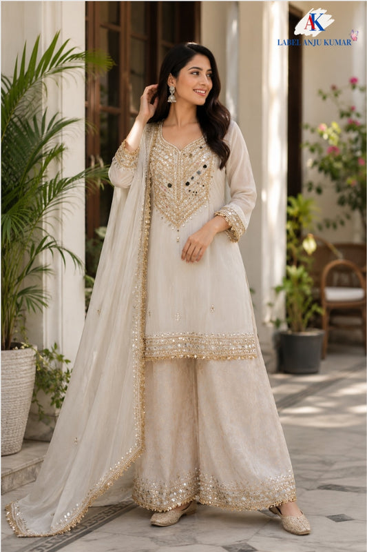 Ivory Cream Premium Soft Tissue Formal Suit with Mirror Work