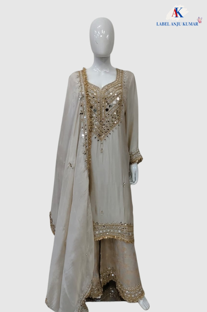 Ivory Cream Premium Soft Tissue Formal Suit with Mirror Work