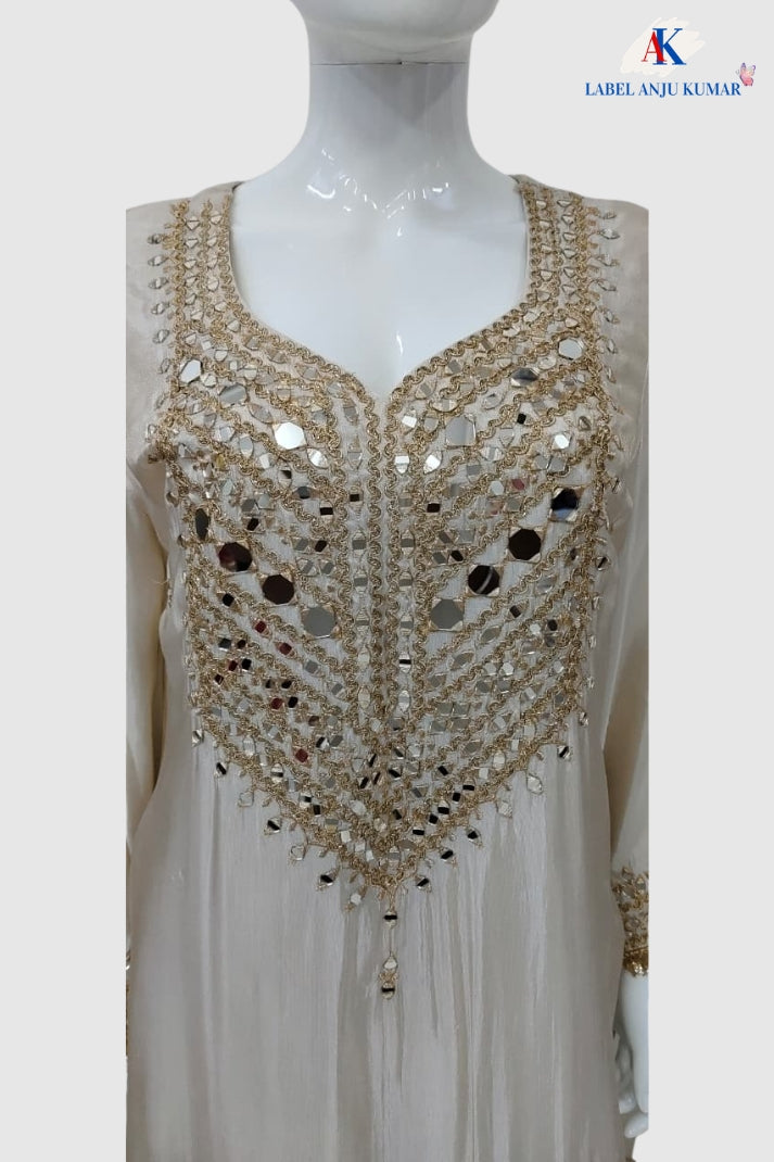 Ivory Cream Premium Soft Tissue Formal Suit with Mirror Work
