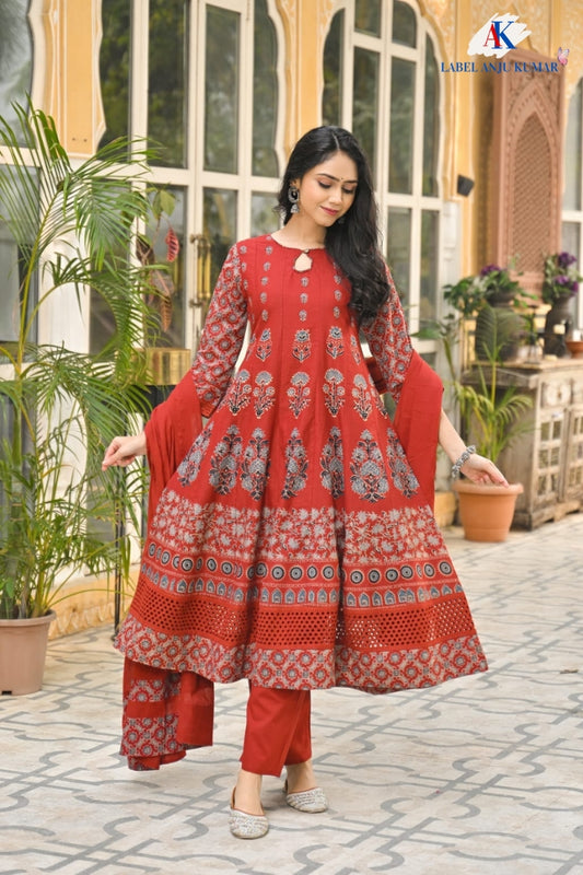 Red Pure Cotton Festive Anarkali Suit with Hand Block Detailing