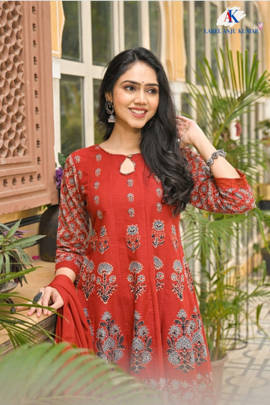 Red Pure Cotton Festive Anarkali Suit with Hand Block Detailing
