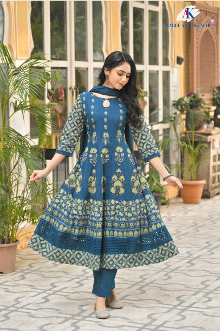 Blue Pure Cotton Hand Block Anarkali Suit with Malmal Cotton Dupatta