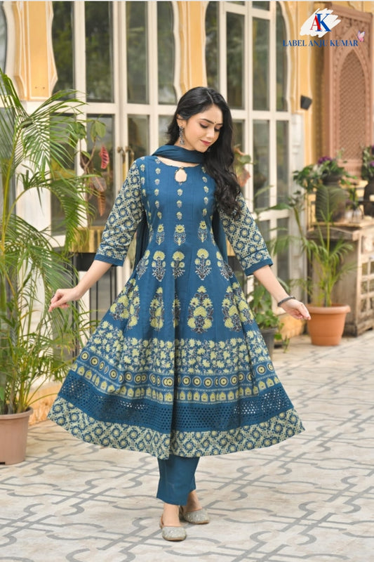 Blue Pure Cotton Hand Block Anarkali Suit with Malmal Cotton Dupatta