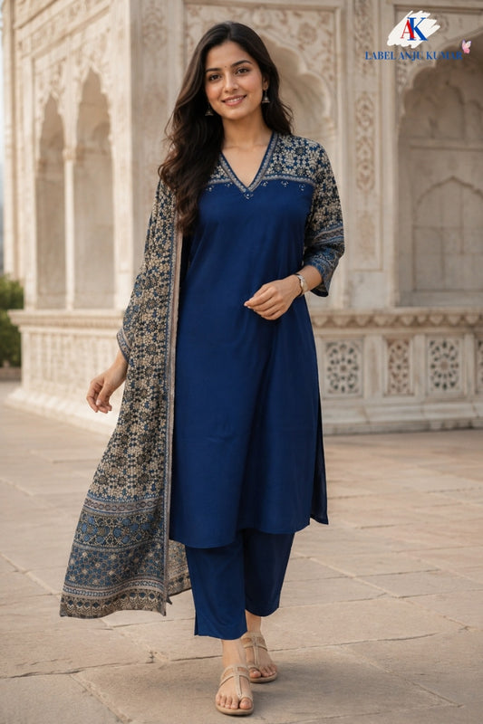 Blue Pure Muslin A-Line Suit with Digital Printed Dupatta