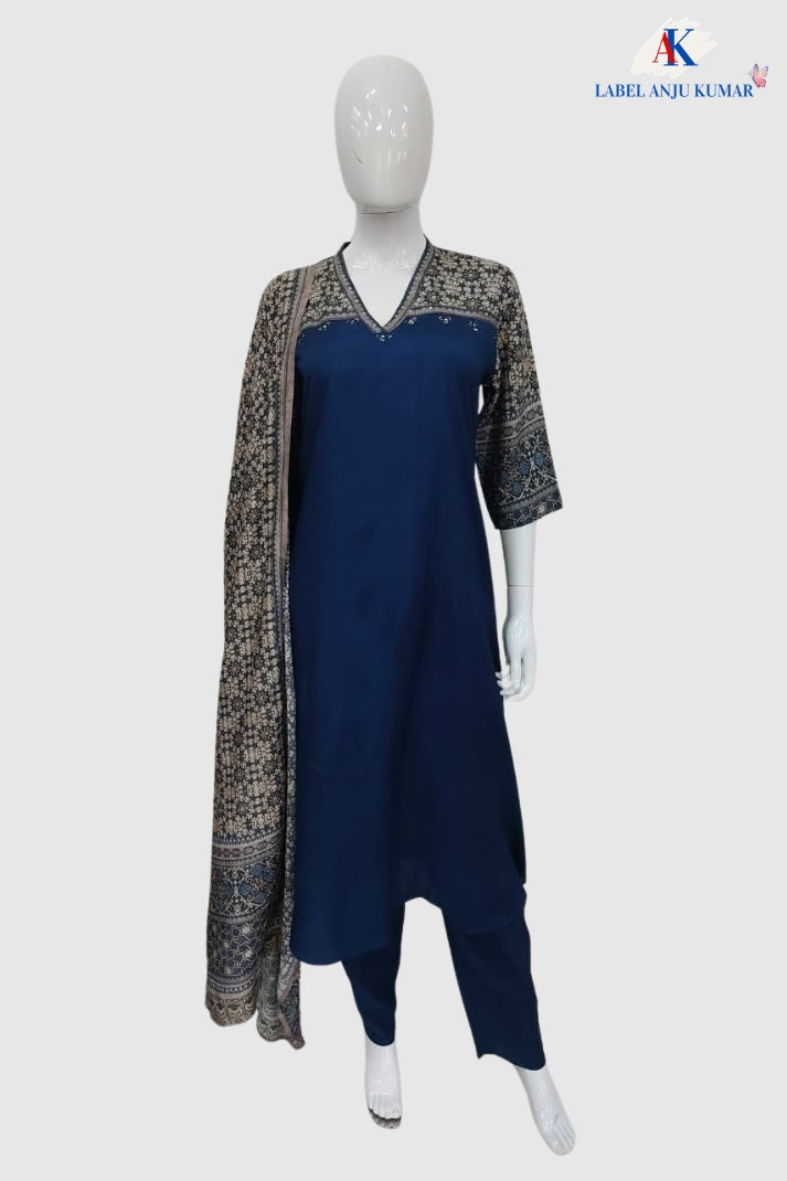 Blue Pure Muslin A-Line Suit with Digital Printed Dupatta