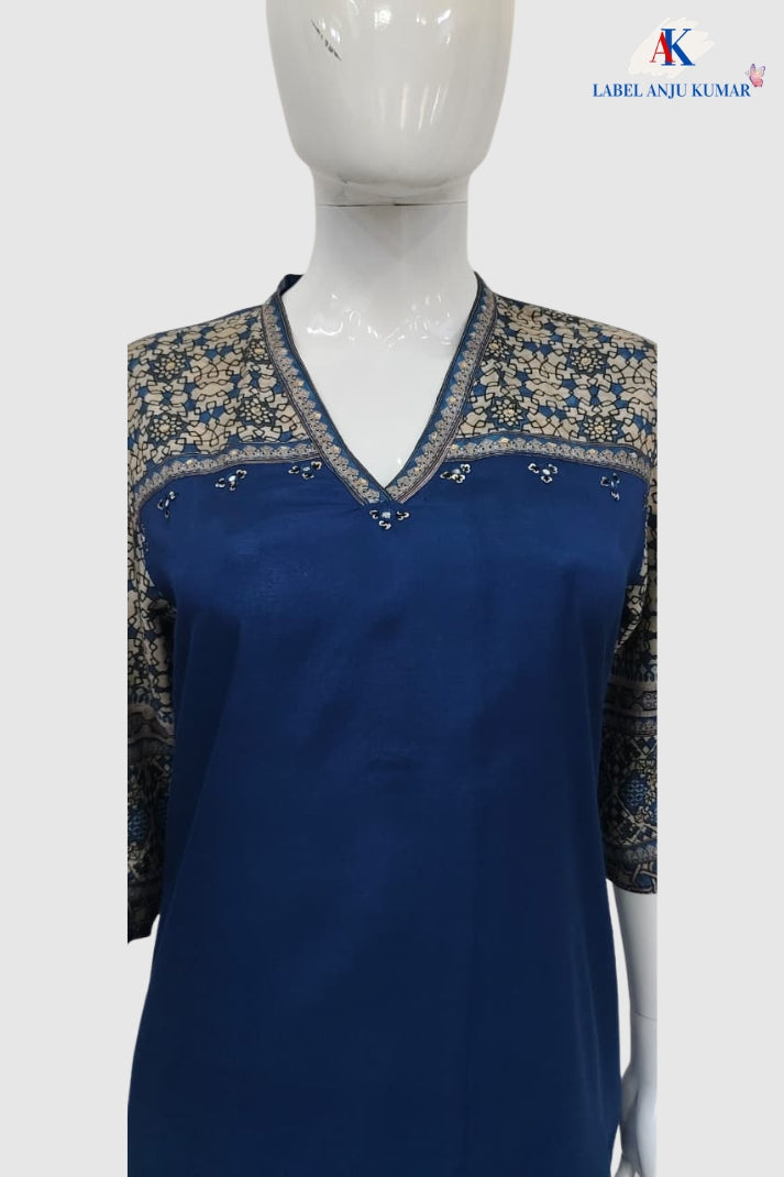 Blue Pure Muslin A-Line Suit with Digital Printed Dupatta