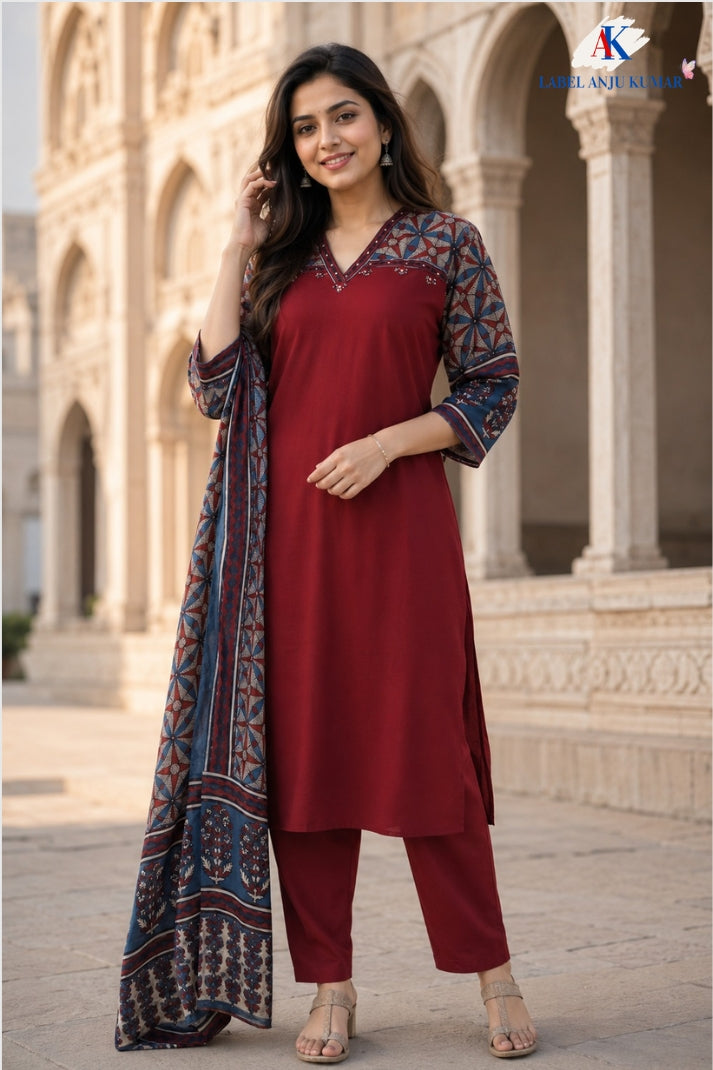 Maroon Pure Muslin A-Line Suit with Digital Print & Dupatta