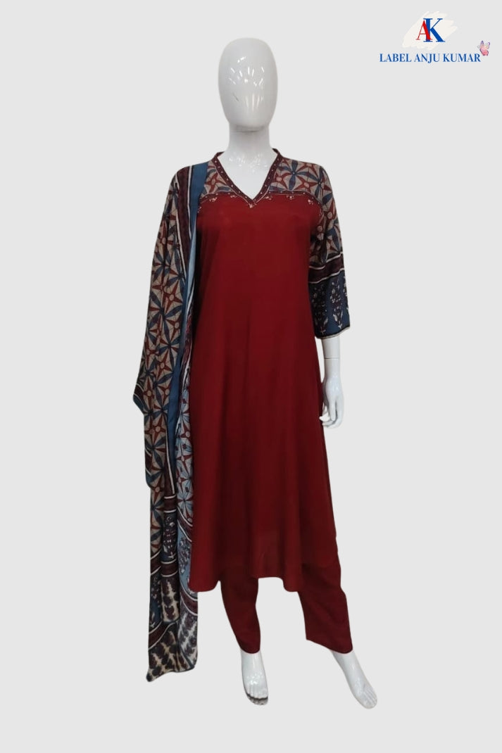 Maroon Pure Muslin A-Line Suit with Digital Print & Dupatta