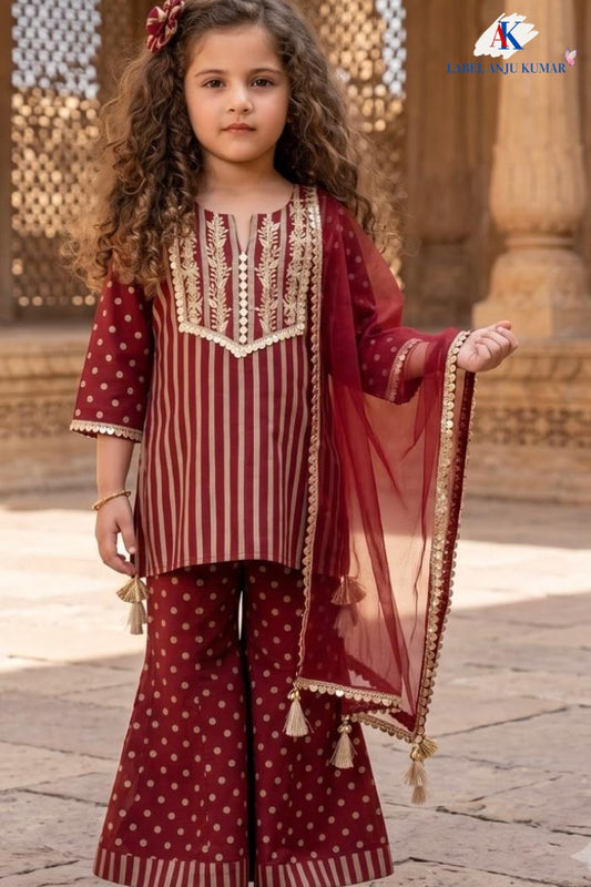 0-7 Years Mehroon Pure Cotton Ethnic Set for Girls