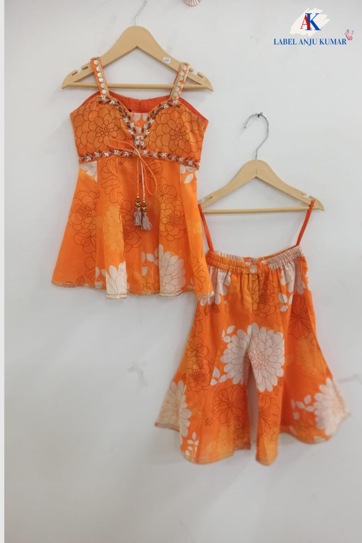 Orange Pure Cotton Ethnic Set for Girls | Newborn to 7 Years