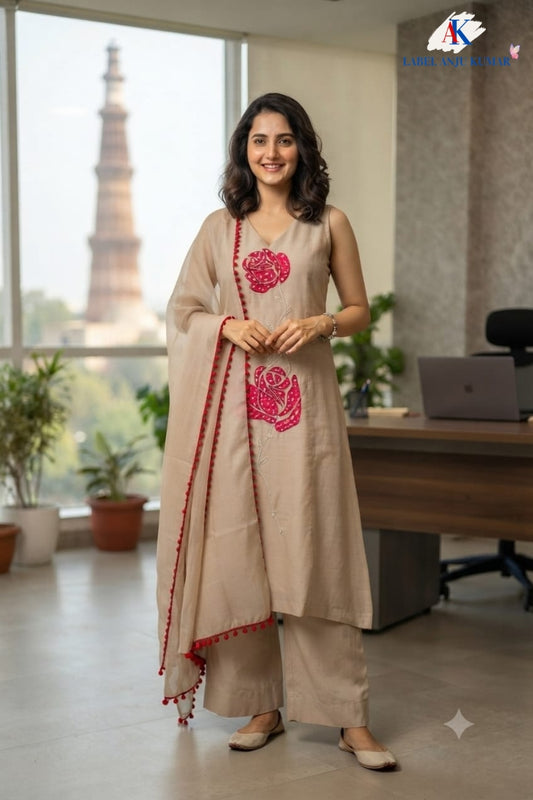 Beige Mal Chanderi Full Ghera Anarkali Suit with Hand & Patch Work