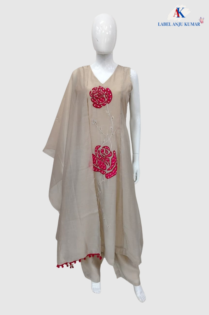 Beige Mal Chanderi Full Ghera Anarkali Suit with Hand & Patch Work