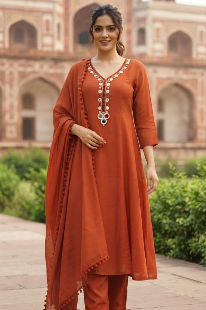 Rust Mal Chanderi Full Ghera Anarkali Suit with Mirror Work & Dupatta