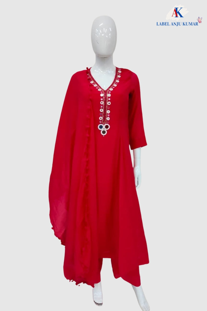 Magenta Mal Chanderi Full Ghera Anarkali Suit with Mirror Work