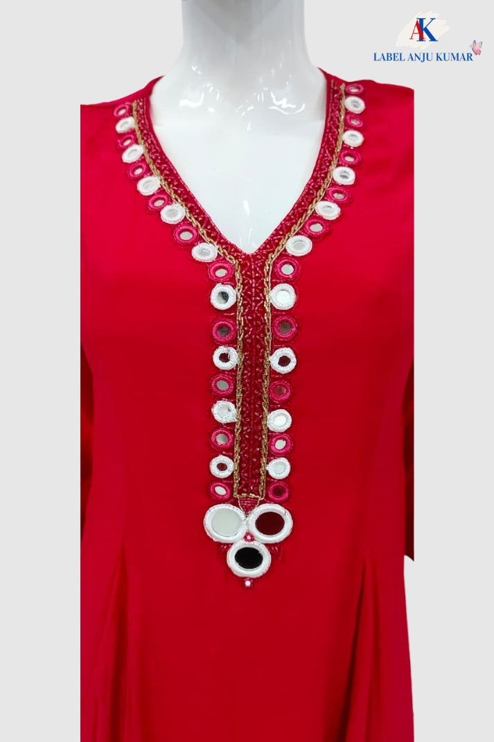 Magenta Mal Chanderi Full Ghera Anarkali Suit with Mirror Work
