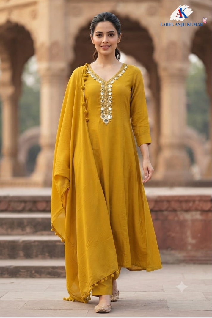 Mustard Mal Chanderi Full Ghera Anarkali Suit with Mirror Work & Dupatta