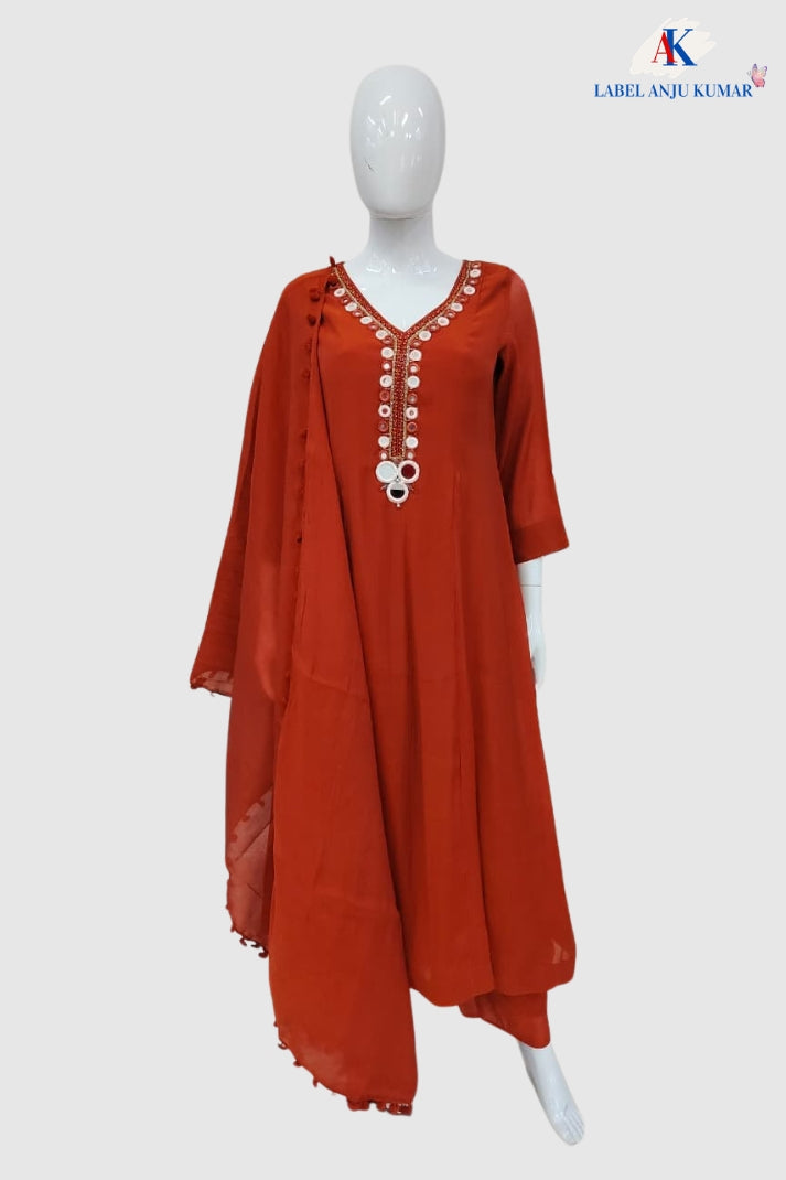 Rust Mal Chanderi Full Ghera Anarkali Suit with Mirror Work & Dupatta