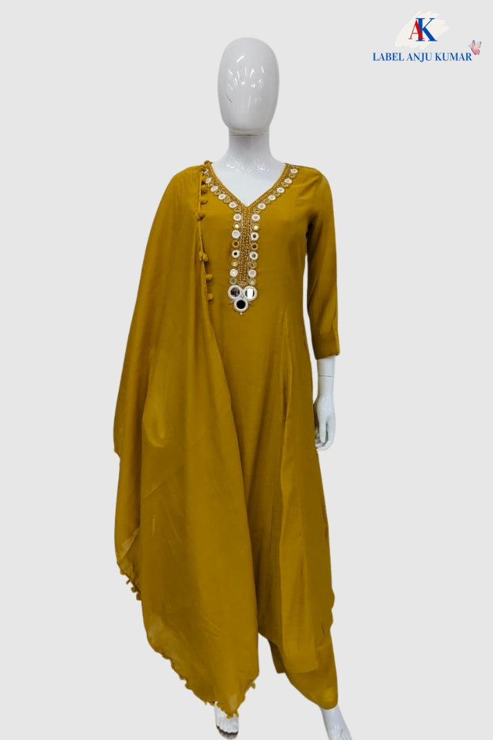 Mustard Mal Chanderi Full Ghera Anarkali Suit with Mirror Work & Dupatta