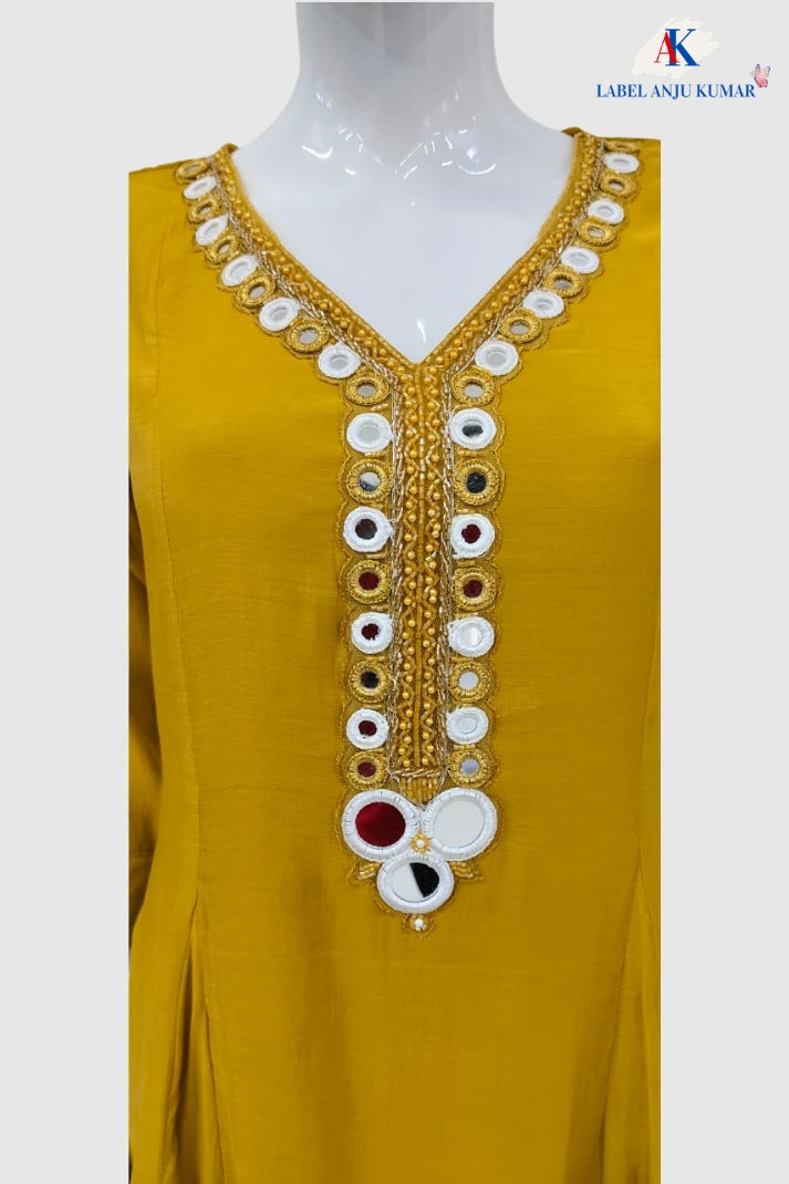 Mustard Mal Chanderi Full Ghera Anarkali Suit with Mirror Work & Dupatta