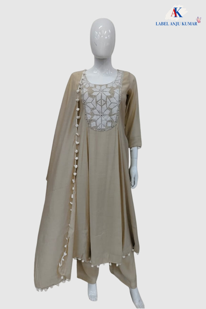 Beige Premium Mal Chanderi Full Ghera Anarkali Suit with Mirror Work