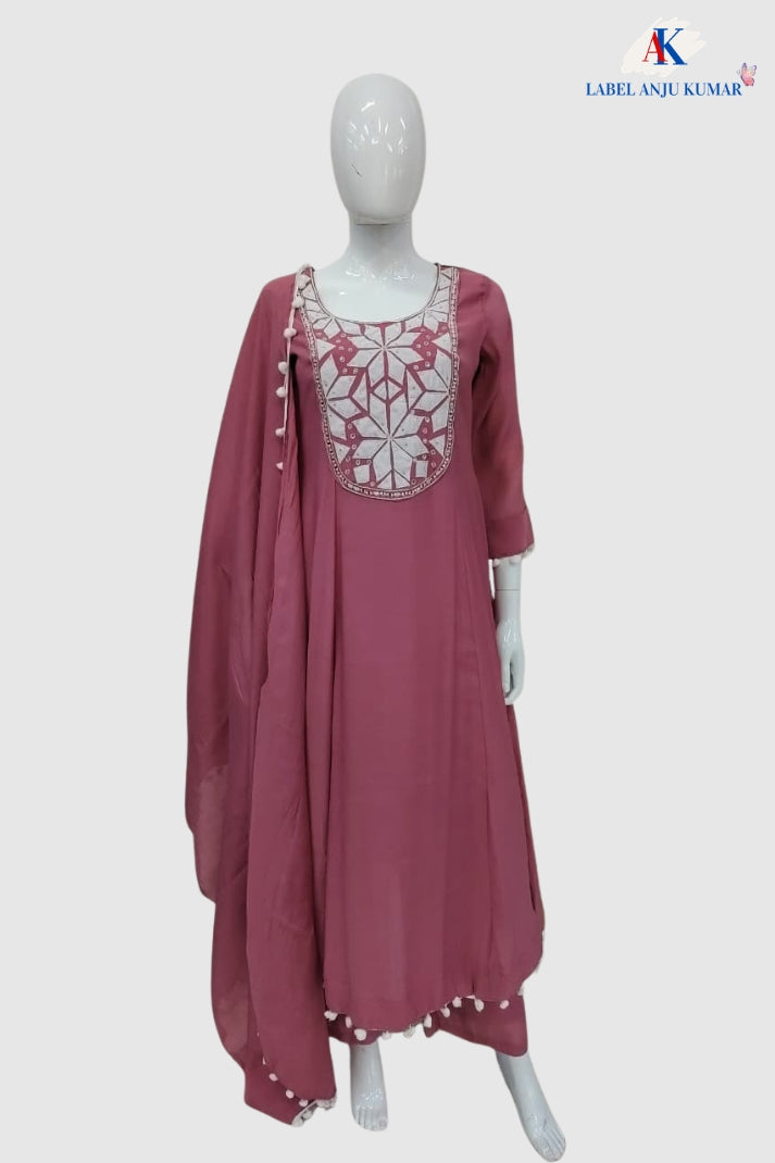 Pink Premium Mal Chanderi Full Ghera Anarkali Suit with Mirror & Patch Work