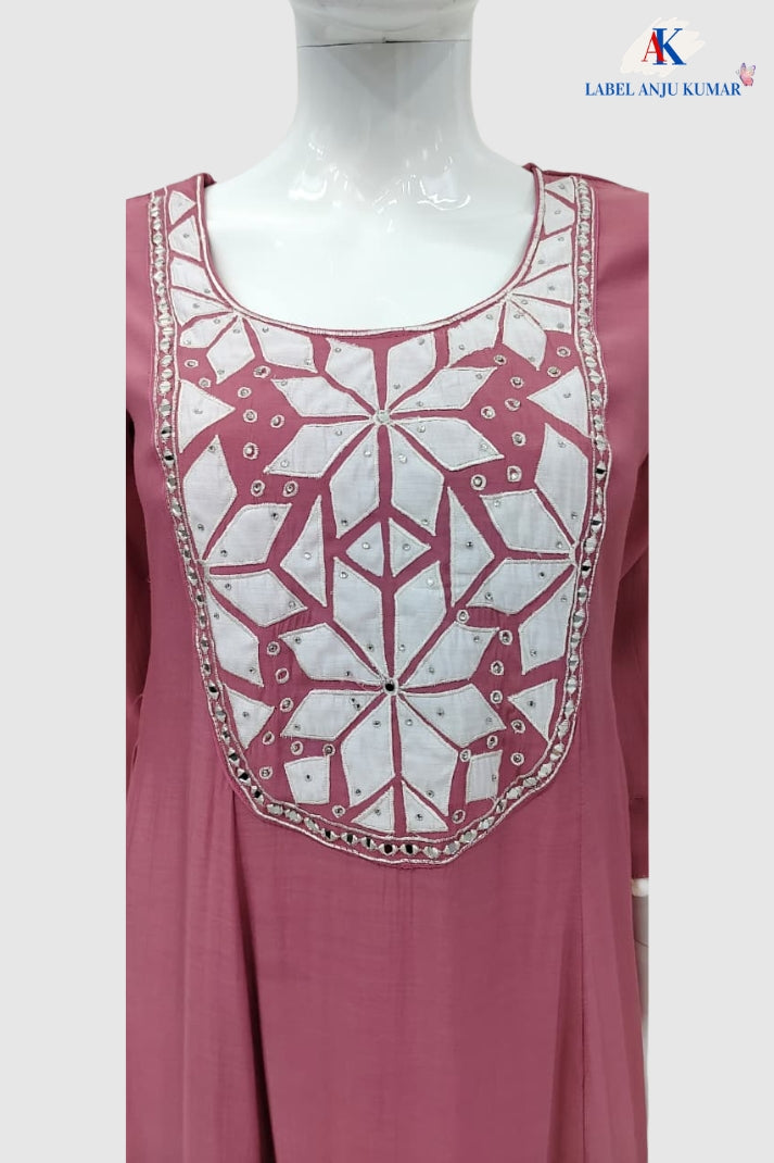 Pink Premium Mal Chanderi Full Ghera Anarkali Suit with Mirror & Patch Work