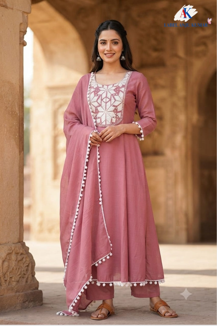Pink Premium Mal Chanderi Full Ghera Anarkali Suit with Mirror & Patch Work