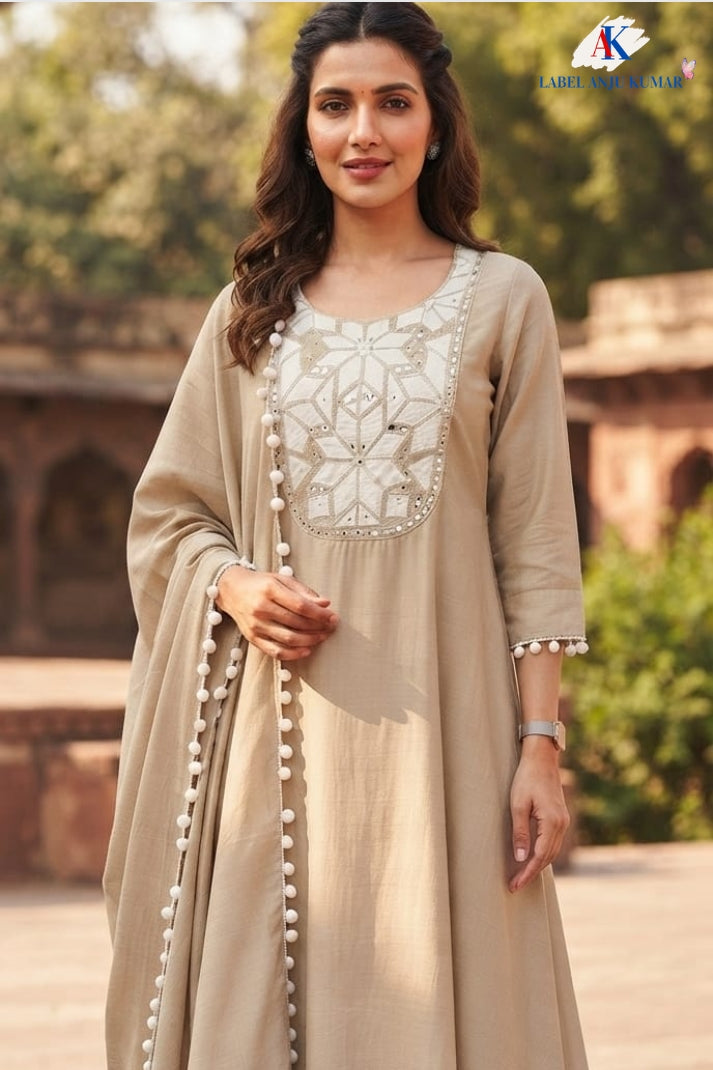 Beige Premium Mal Chanderi Full Ghera Anarkali Suit with Mirror Work