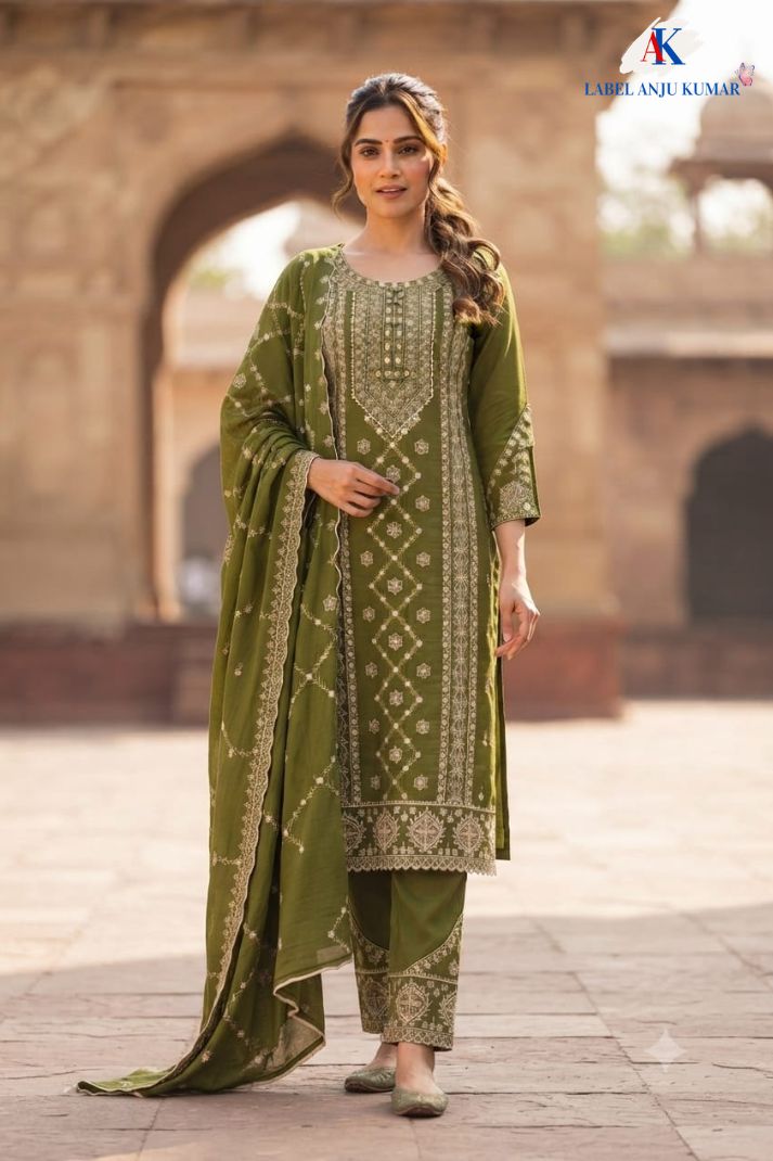 Green Pure Cotton Chikankari & Mirror Work Straight Suit Dupatta Set