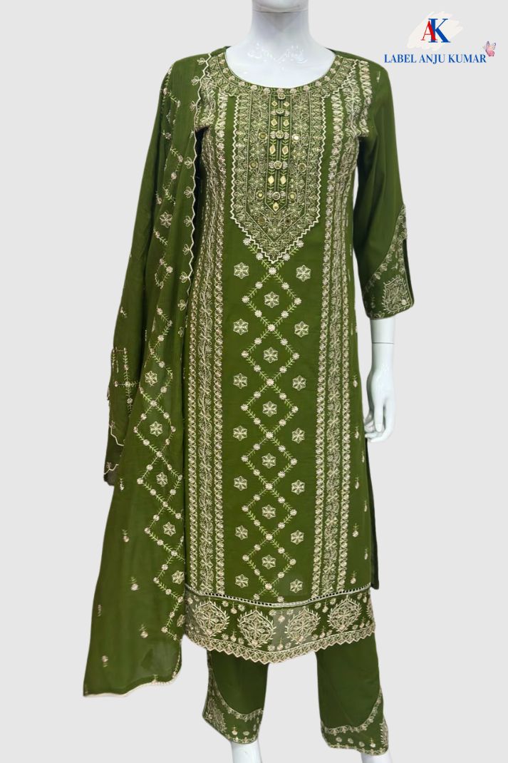 Green Pure Cotton Chikankari & Mirror Work Straight Suit Dupatta Set