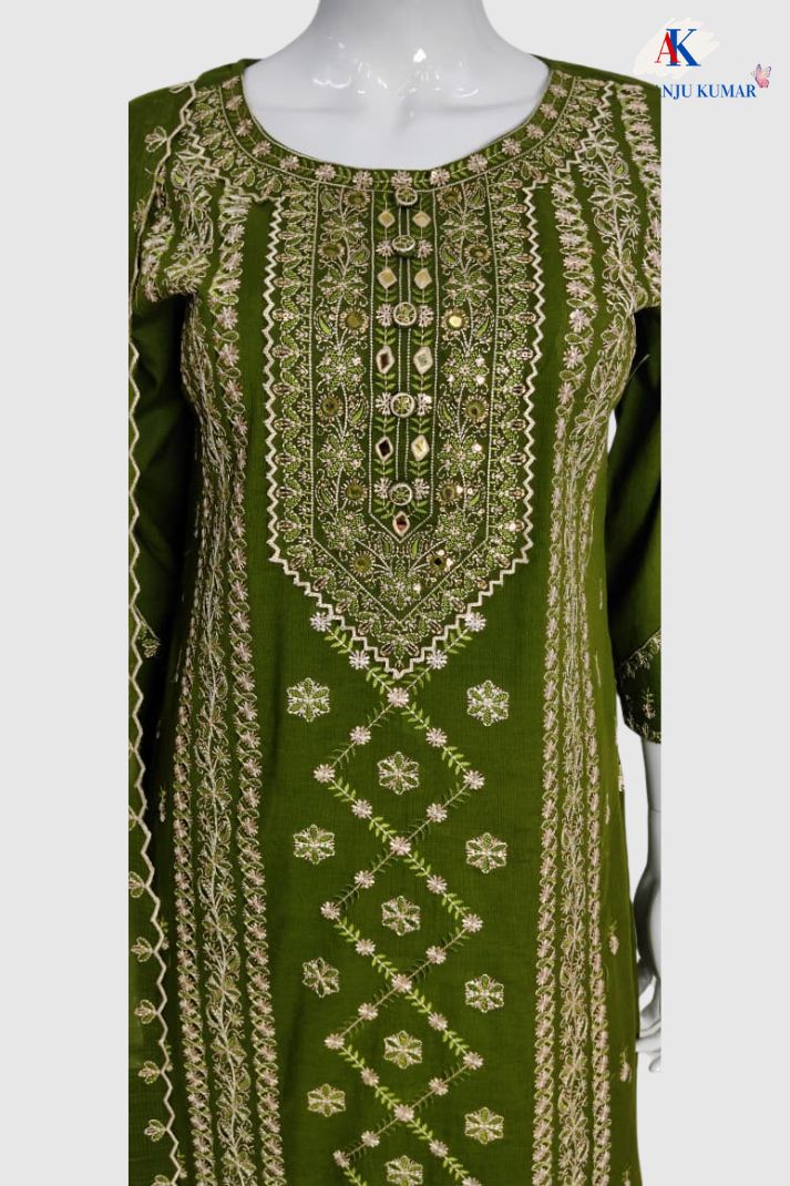 Green Pure Cotton Chikankari & Mirror Work Straight Suit Dupatta Set