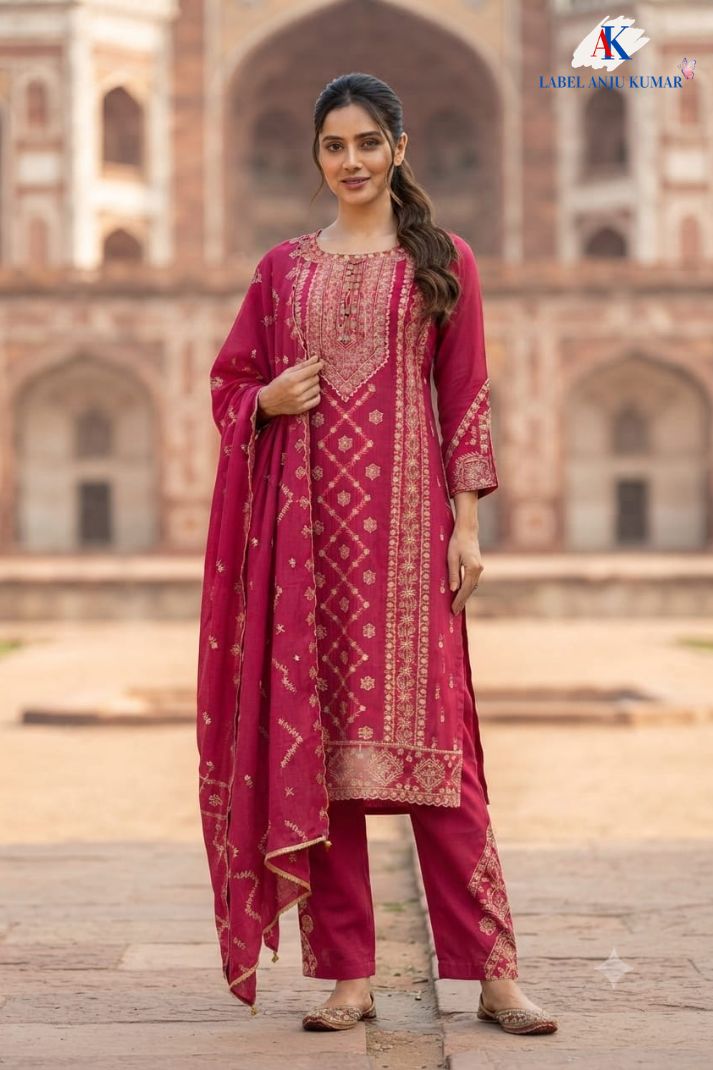Magenta Pure Cotton Chikankari & Mirror Work Straight Suit Dupatta Set