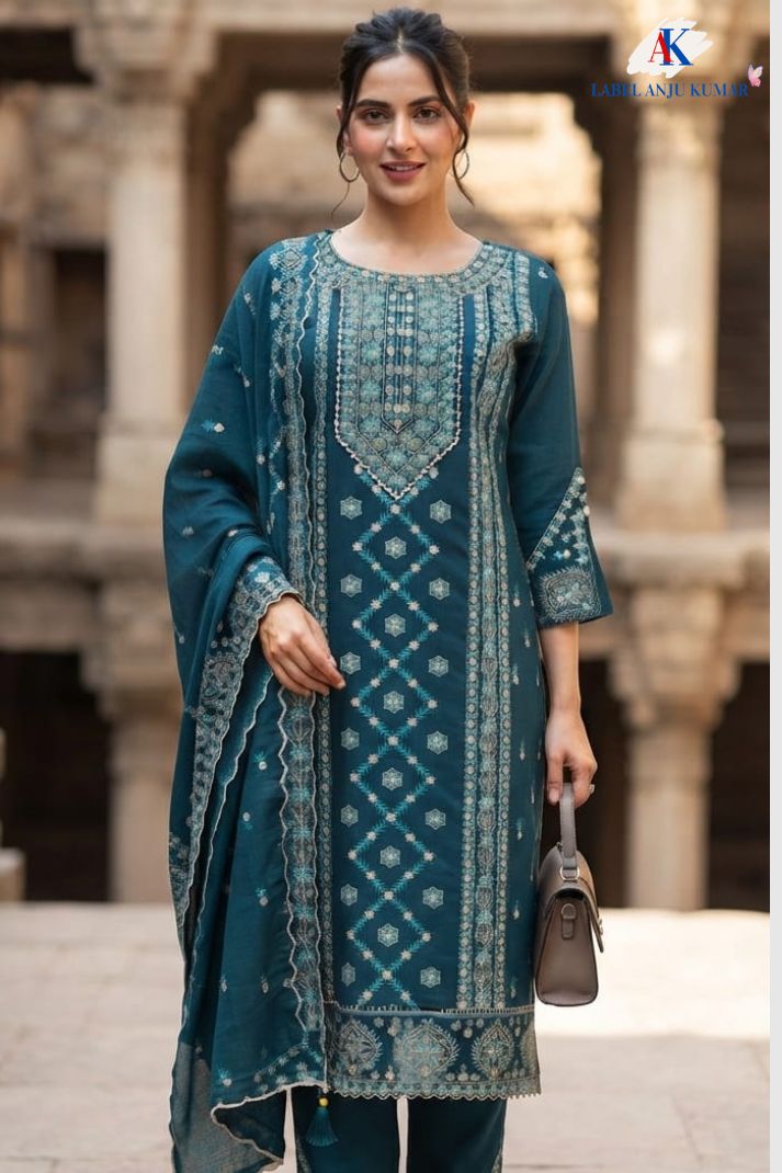 Sky Blue Pure Cotton Chikankari Mirror Work Straight Suit Set