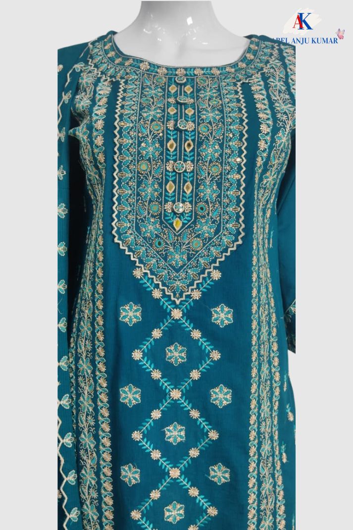 Sky Blue Pure Cotton Chikankari Mirror Work Straight Suit Set