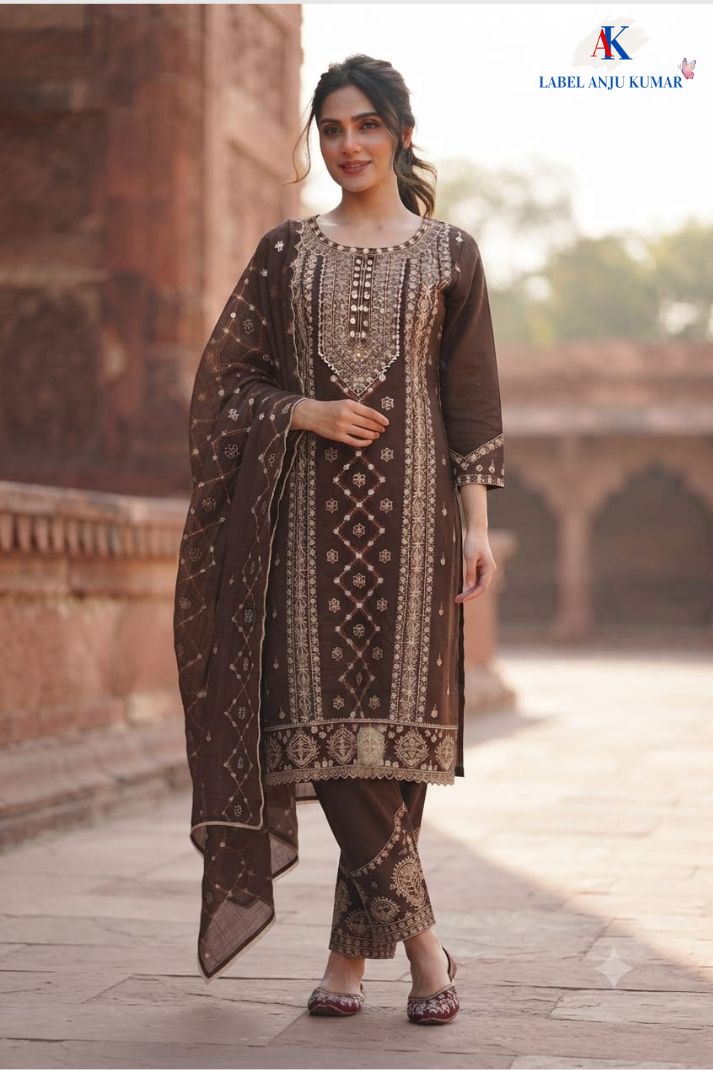 Brown Pure Cotton Chikankari Mirror Work Straight Suit with Dupatta