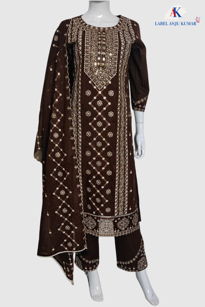 Brown Pure Cotton Chikankari Mirror Work Straight Suit with Dupatta
