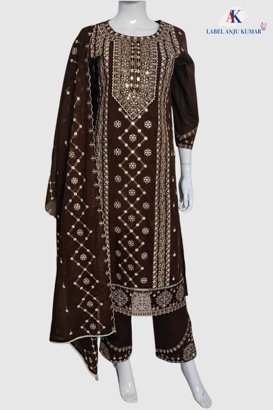 Brown Pure Cotton Chikankari Mirror Work Straight Suit with Dupatta
