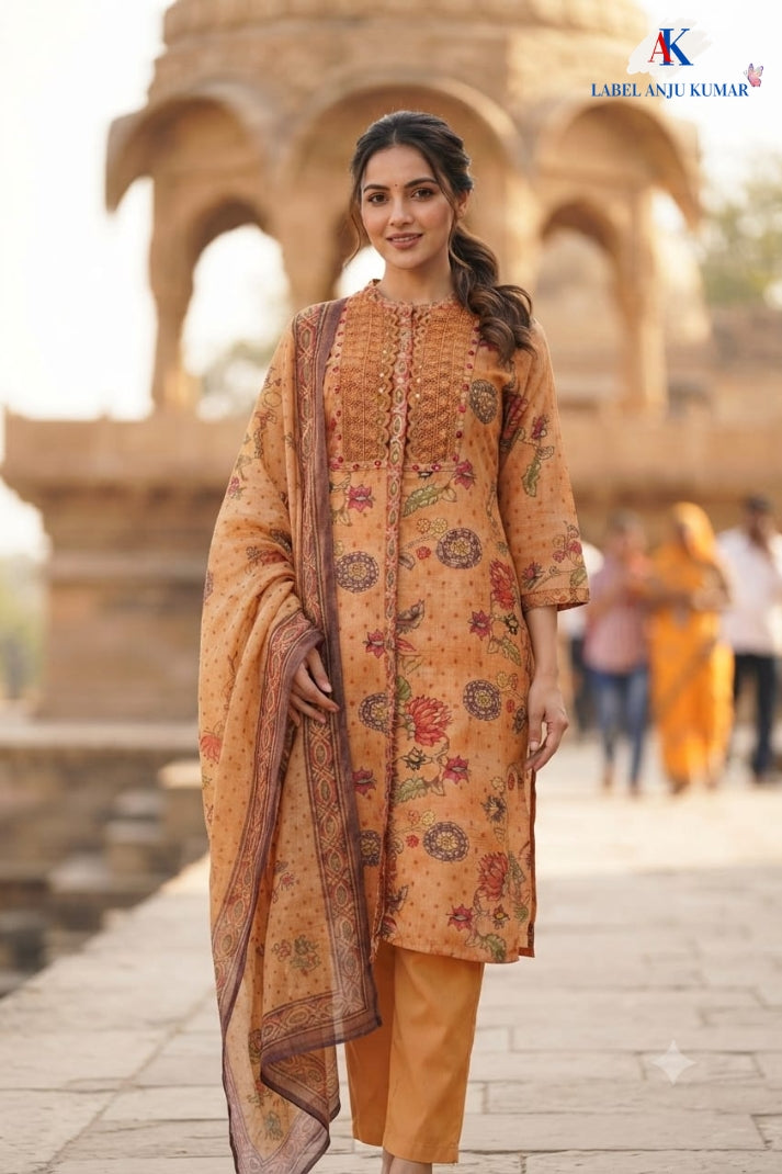 Peach Premium Pure Linen A-Line Suit with Mirror & Thread Work and Digital Print Dupatta