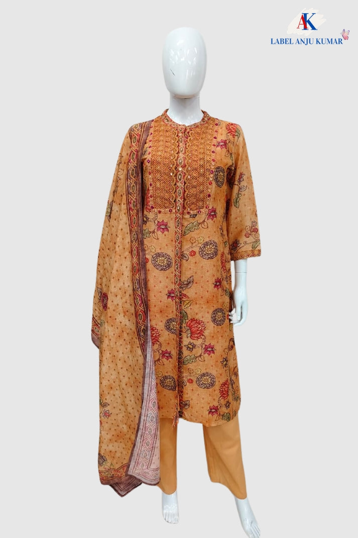 Peach Premium Pure Linen A-Line Suit with Mirror & Thread Work and Digital Print Dupatta