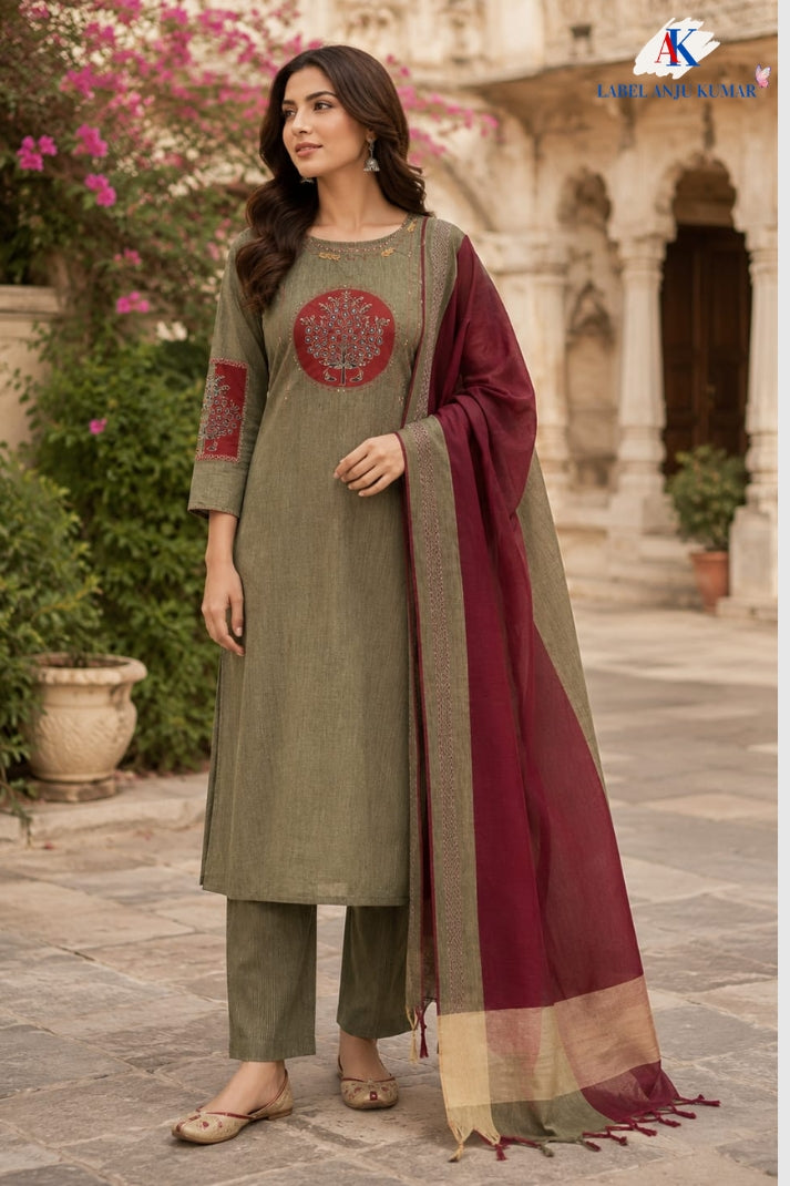 Mouse Pure Handloom Cotton Straight Suit with Handblock & Dori Work