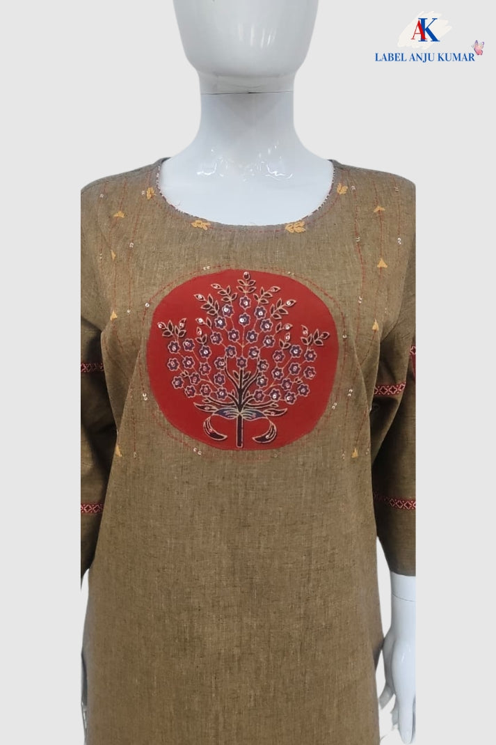 Mouse Pure Handloom Cotton Straight Suit with Handblock & Dori Work