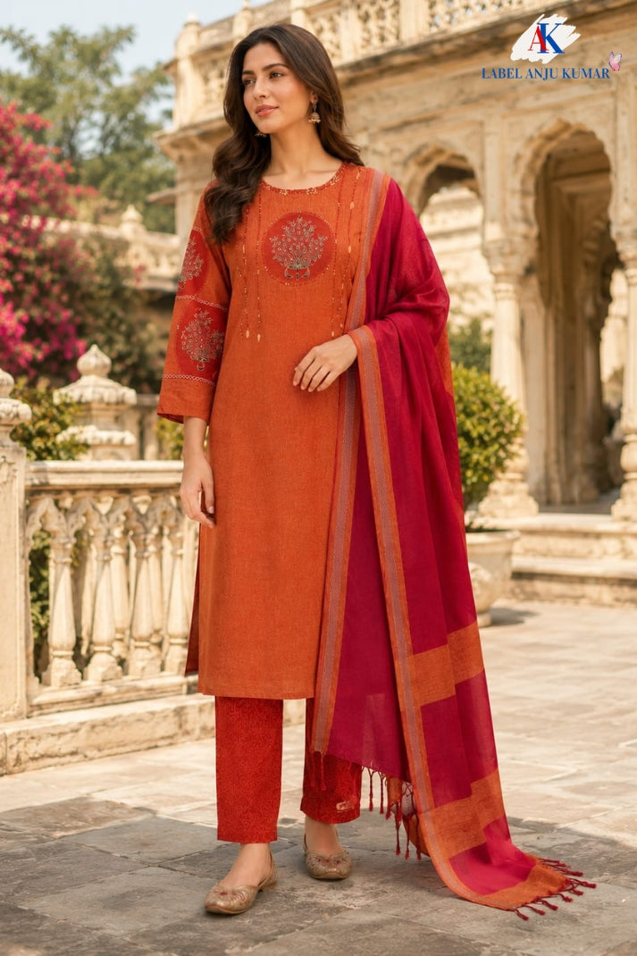 Orange Pure Handloom Cotton Straight Suit with Handblock Work & Dupatta