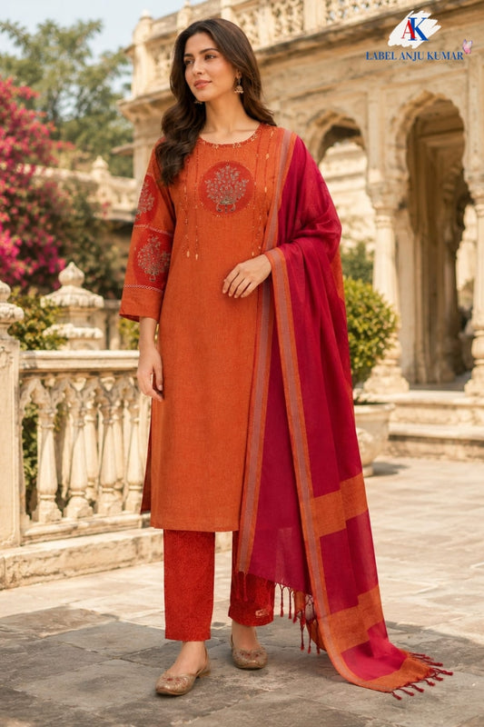 Orange Pure Handloom Cotton Straight Suit with Handblock Work & Dupatta