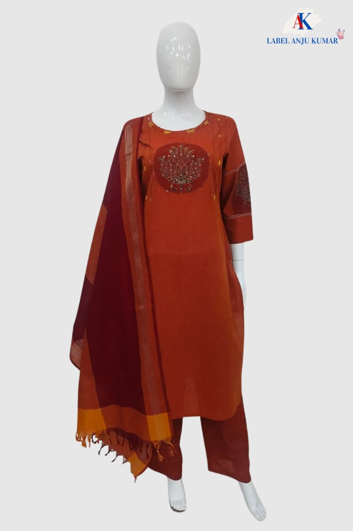 Orange Pure Handloom Cotton Straight Suit with Handblock Work & Dupatta