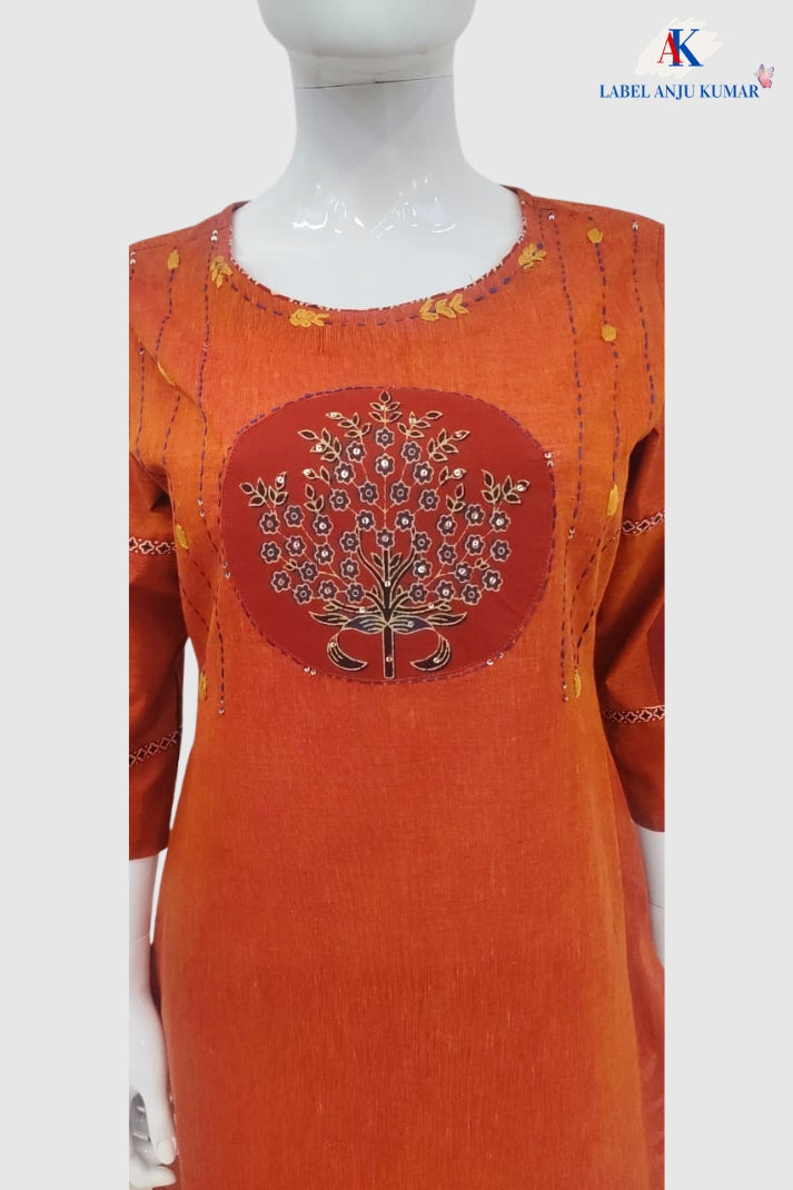 Orange Pure Handloom Cotton Straight Suit with Handblock Work & Dupatta