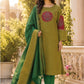 Green Pure Handloom Cotton Straight Suit with Handblock Work & Dupatta