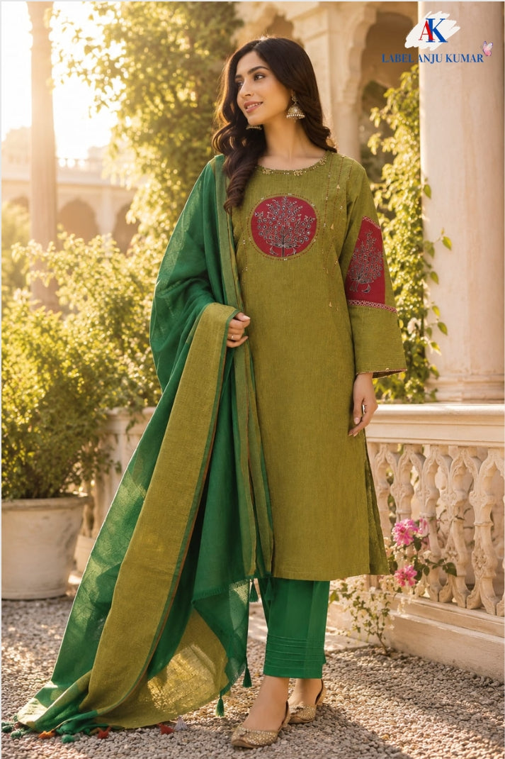 Green Pure Handloom Cotton Straight Suit with Handblock Work & Dupatta