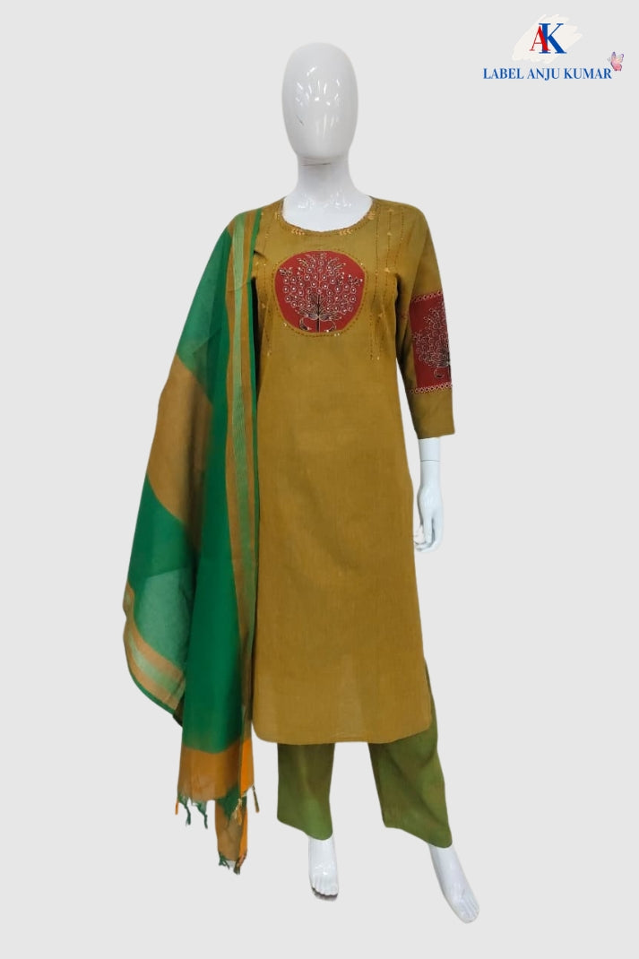 Green Pure Handloom Cotton Straight Suit with Handblock Work & Dupatta