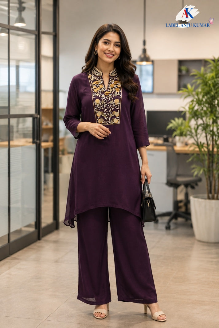 Dark Wine Premium Pure Chinon Indo-Western Co-ord Set with Handwork