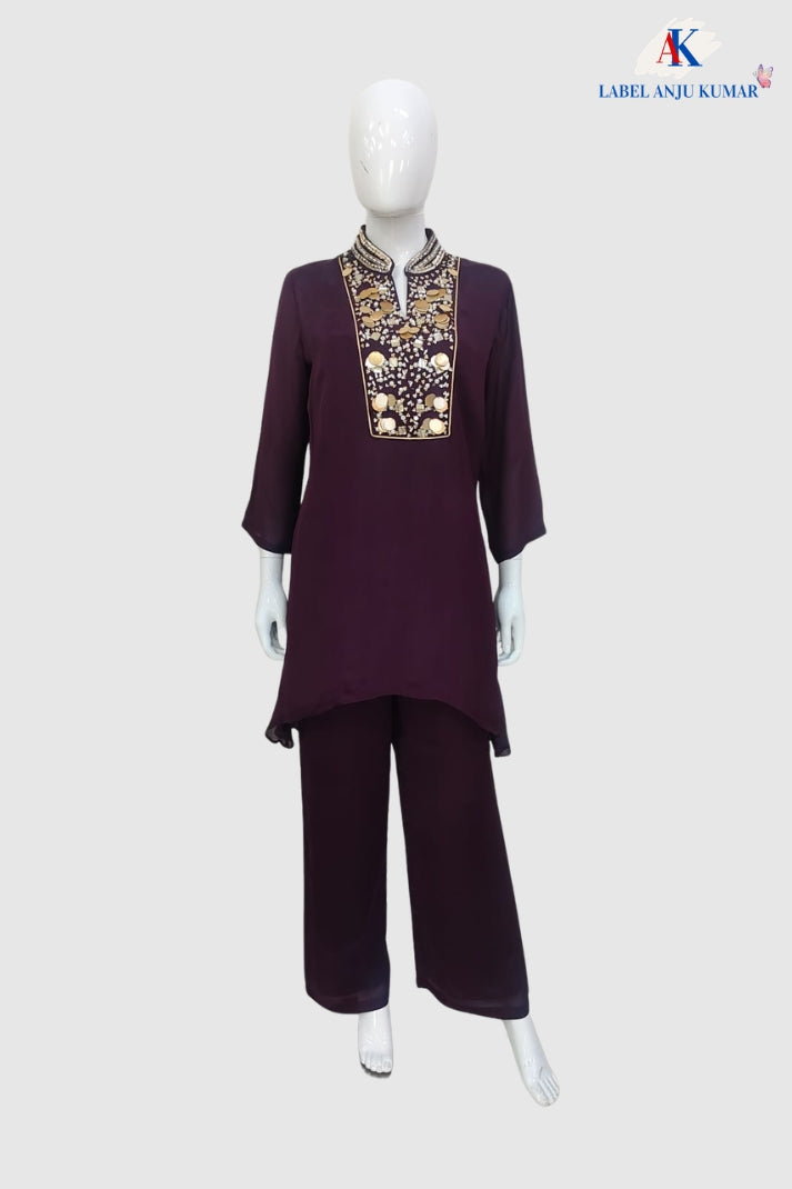 Dark Wine Premium Pure Chinon Indo-Western Co-ord Set with Handwork